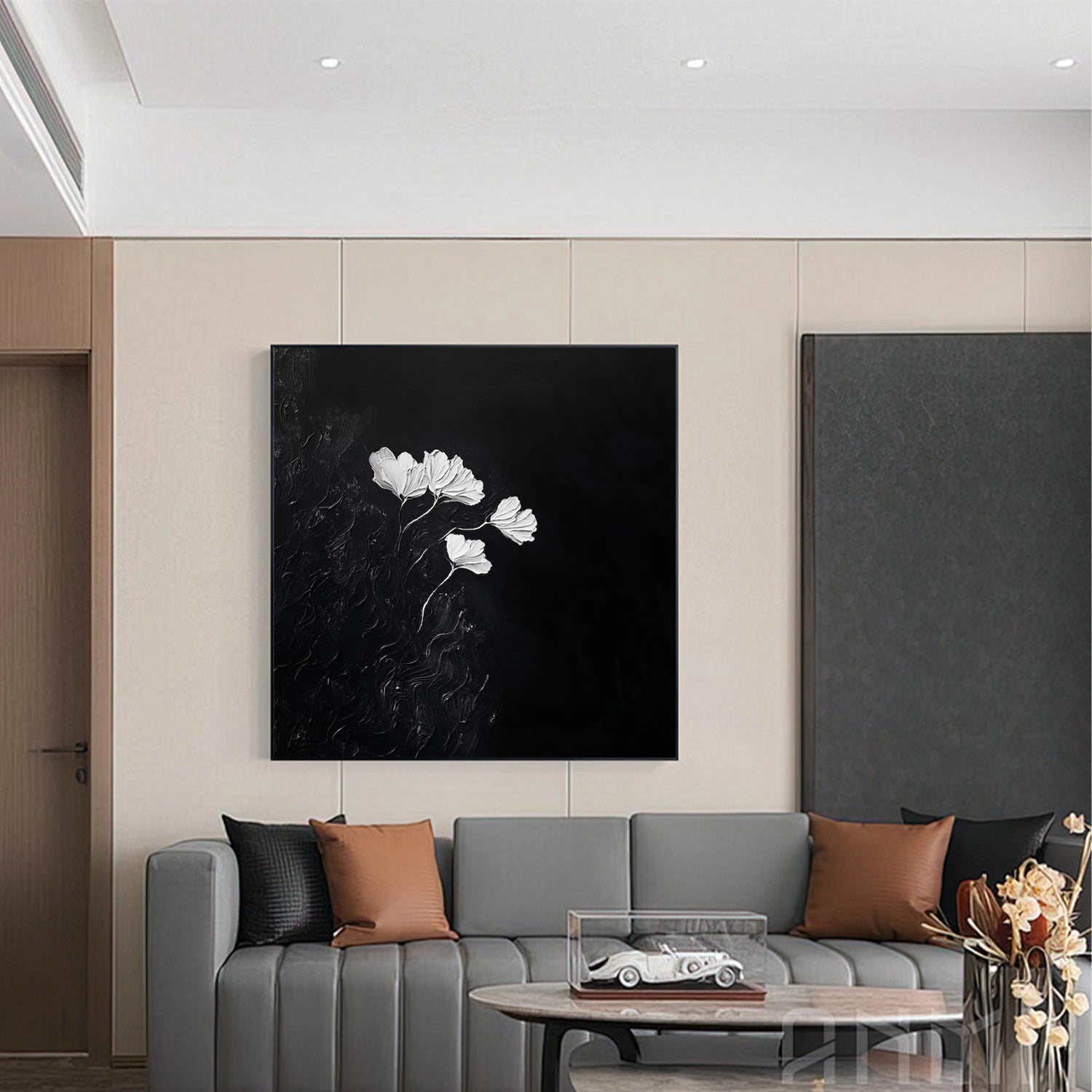 Black and White Minimalist Flower And Tree Textured Wall Art #FT040