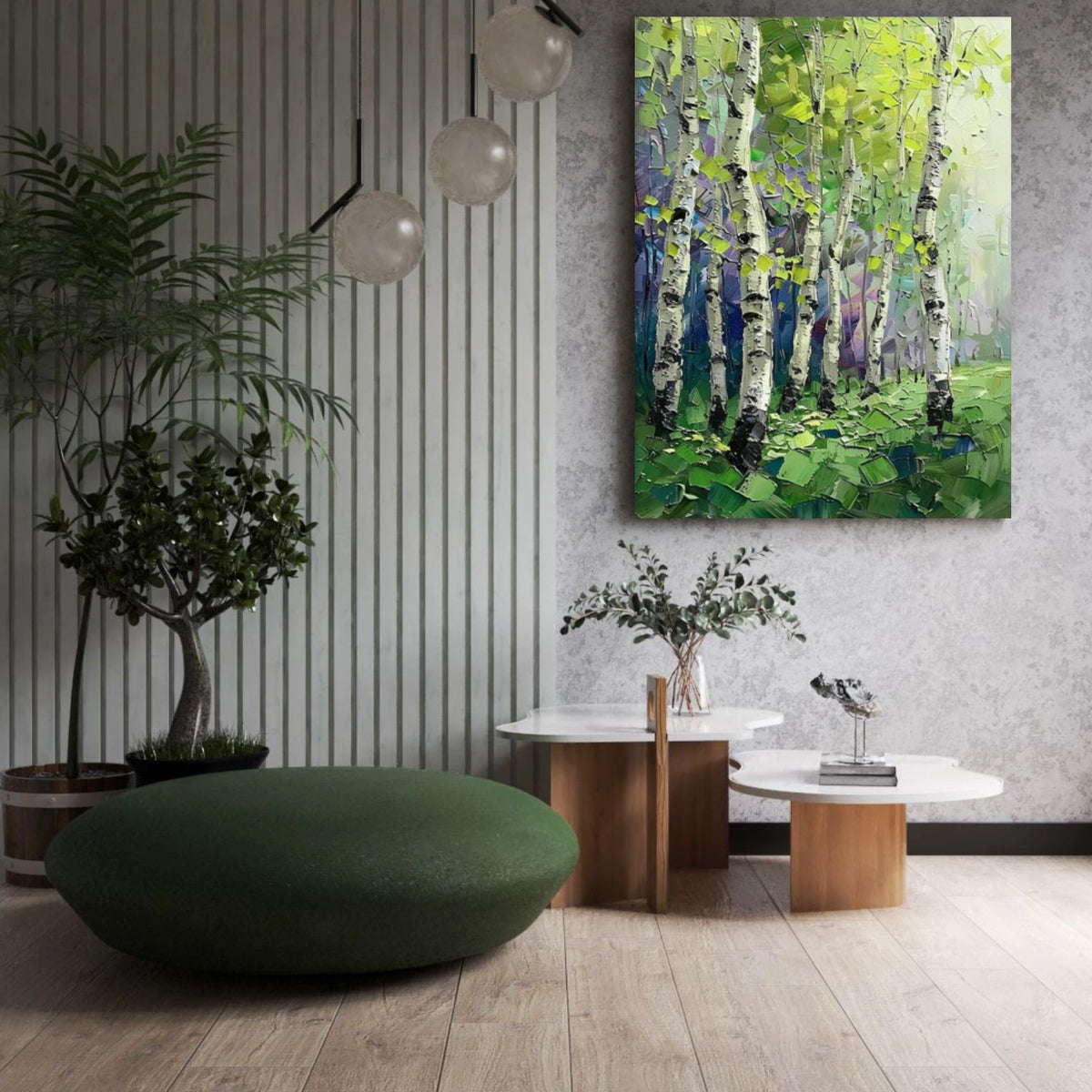 Green Abstract Flower And Tree Textured Wall Art #FT003