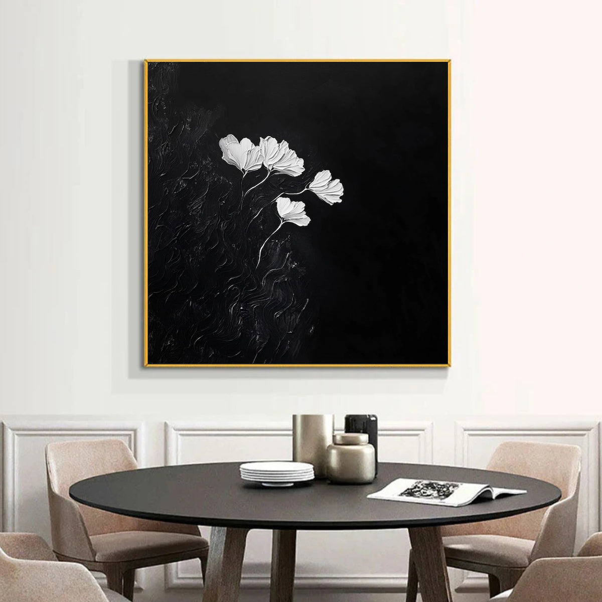 Black and White Minimalist Flower And Tree Textured Wall Art #FT040