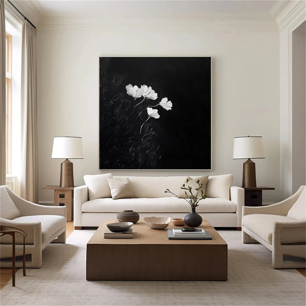 Black and White Minimalist Flower And Tree Textured Wall Art #FT040