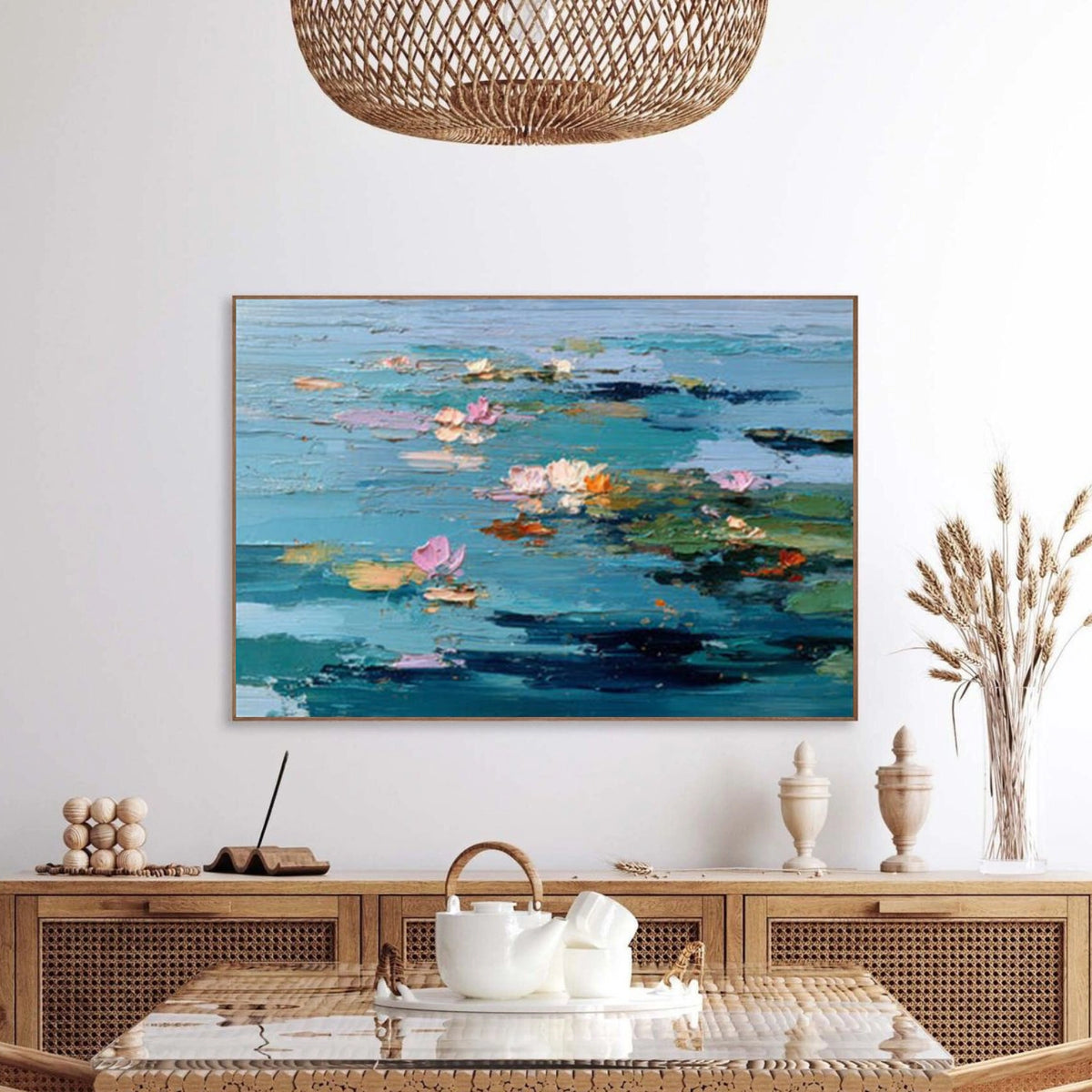 Blue and Pink Abstract Flower And Tree Textured Wall Art #FT008