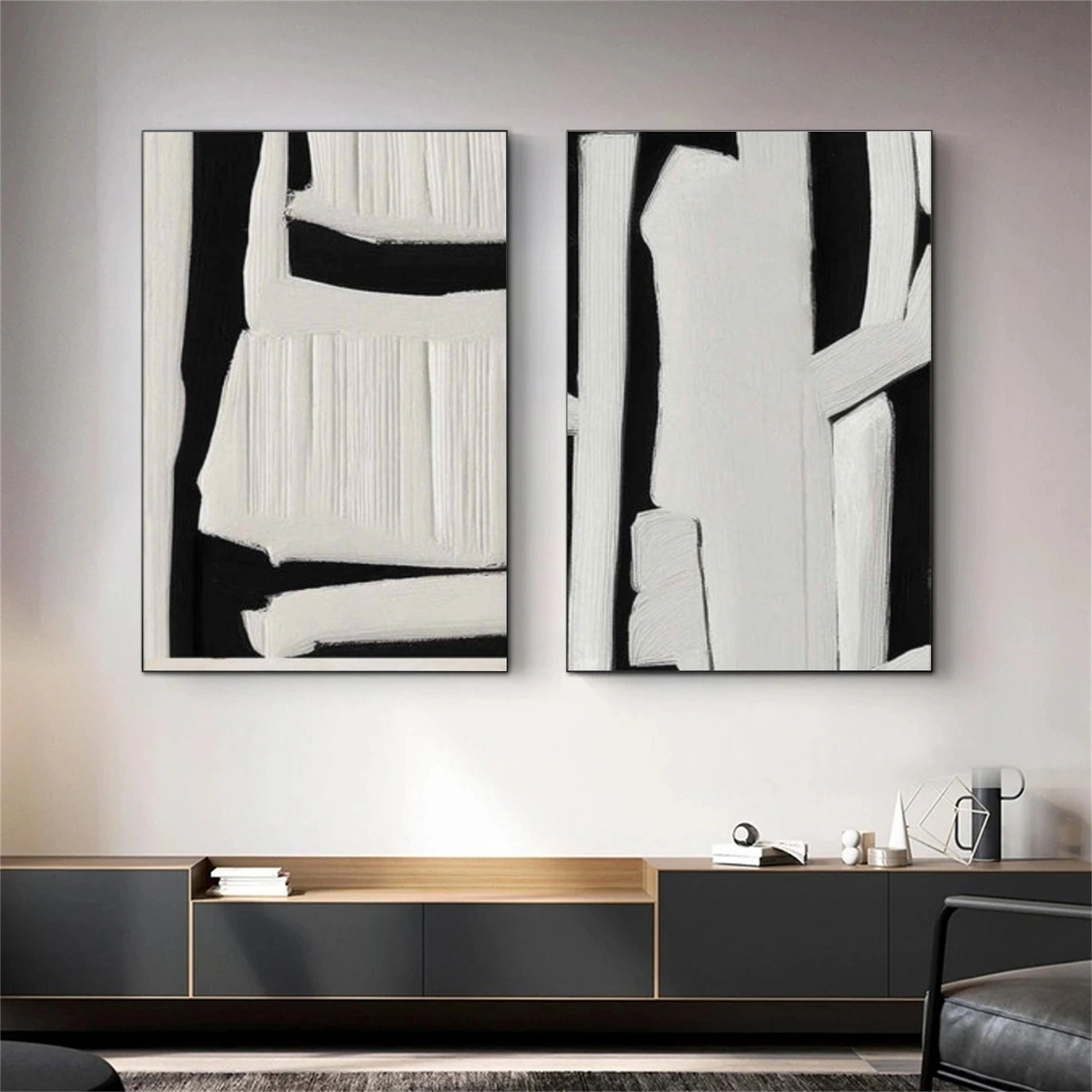 Black and White Minimalist Textured Wall Art Set of 2 #MW013