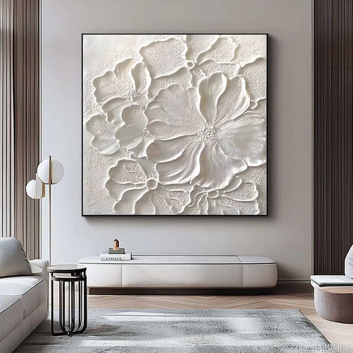 White Minimalist Flower And Tree Textured Wall Art #FT019