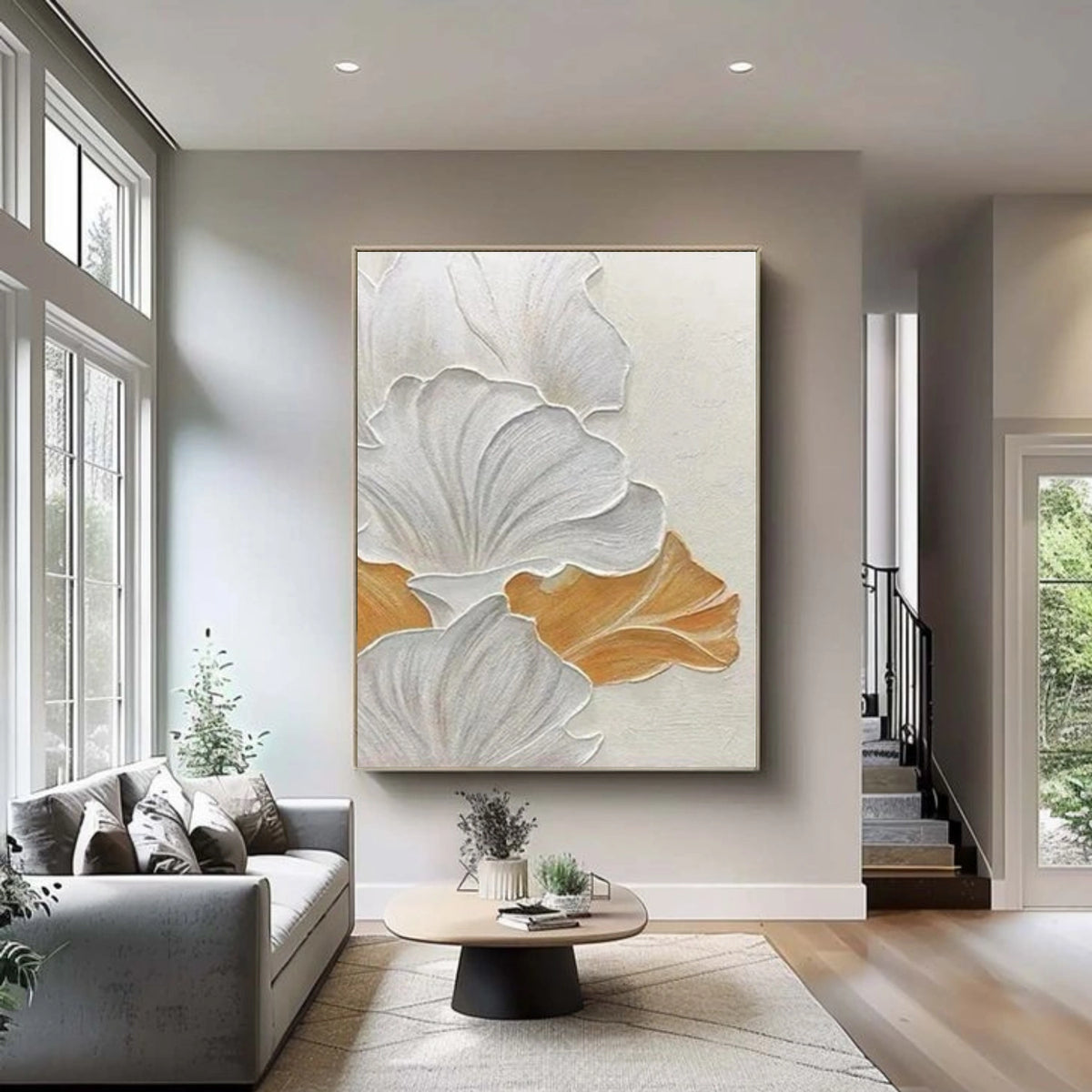 White Minimalist Flower And Tree Textured Wall Art #FT018