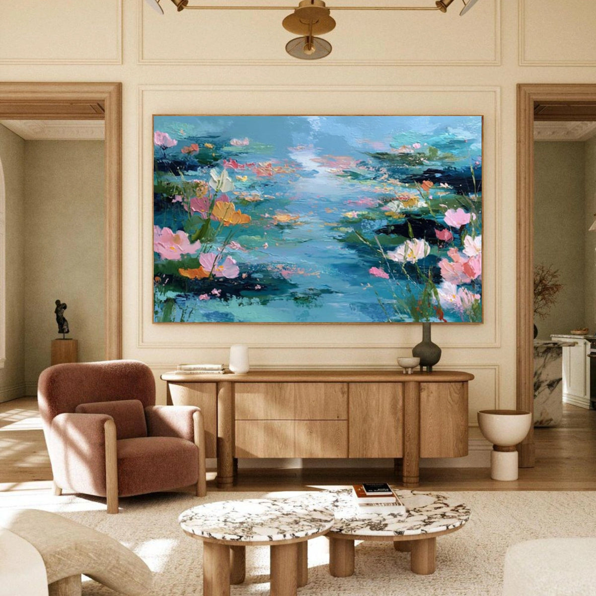 Blue and Pink Abstract Flower And Tree Textured Wall Art #FT007