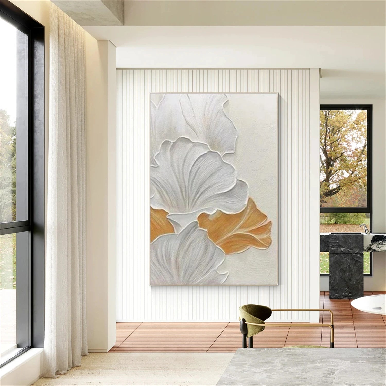 White Minimalist Flower And Tree Textured Wall Art #FT018