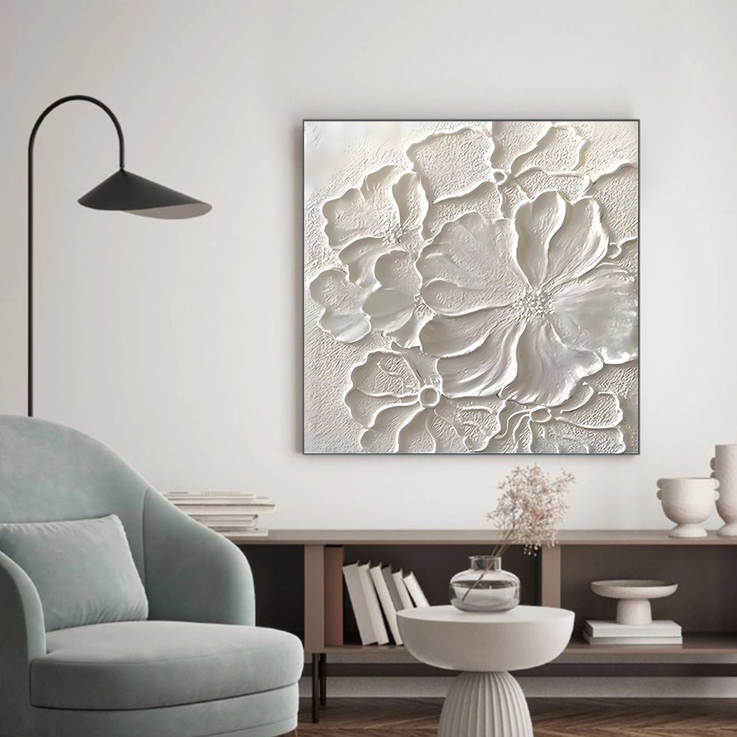 White Minimalist Flower And Tree Textured Wall Art #FT019