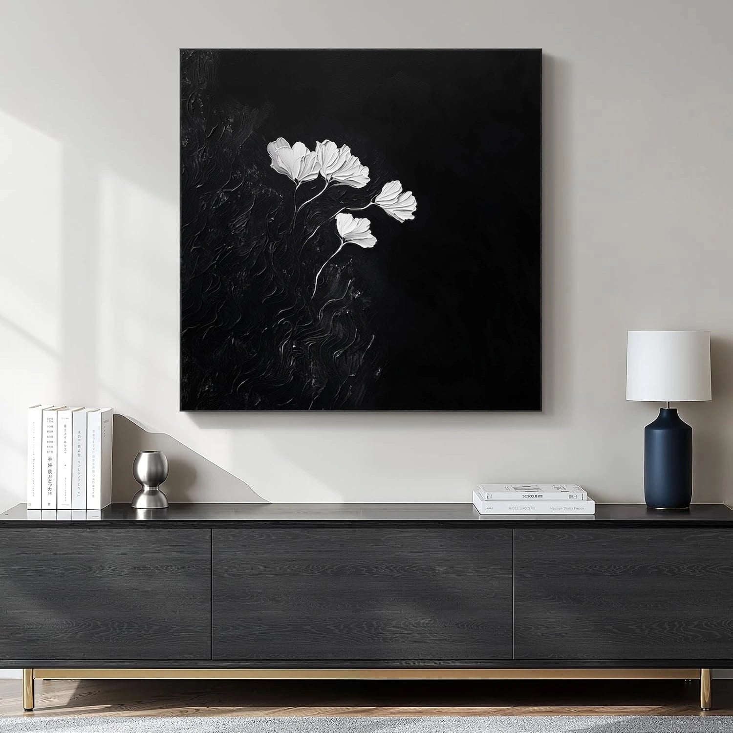 Black and White Minimalist Flower And Tree Textured Wall Art #FT040