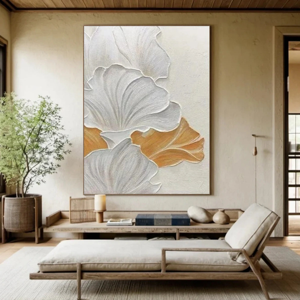 White Minimalist Flower And Tree Textured Wall Art #FT018