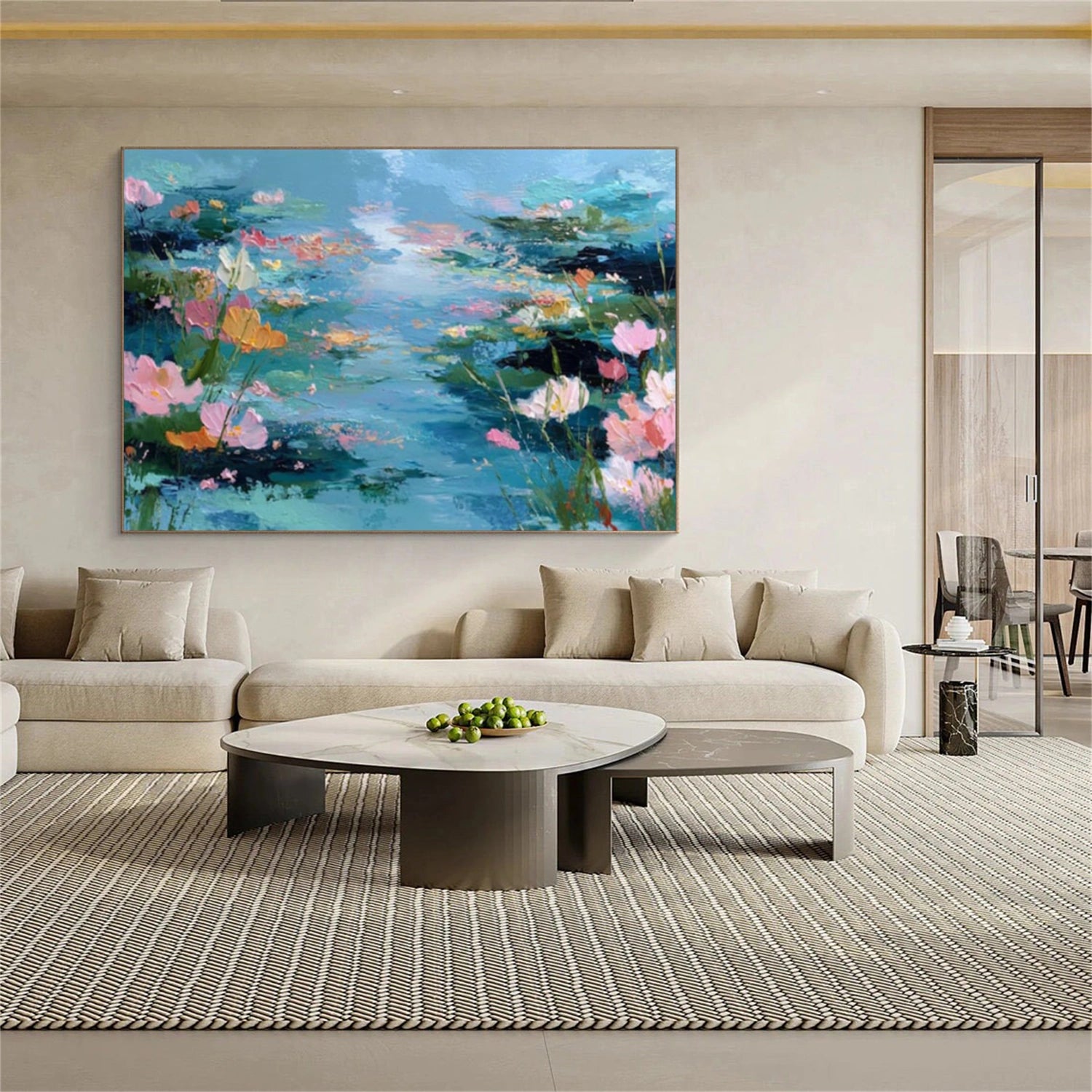 Blue and Pink Abstract Flower And Tree Textured Wall Art #FT007