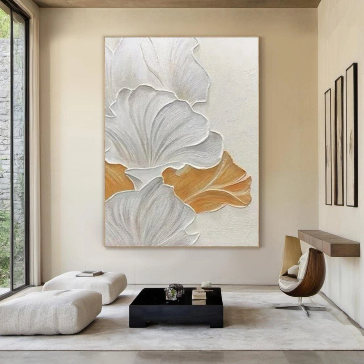White Minimalist Flower And Tree Textured Wall Art #FT018