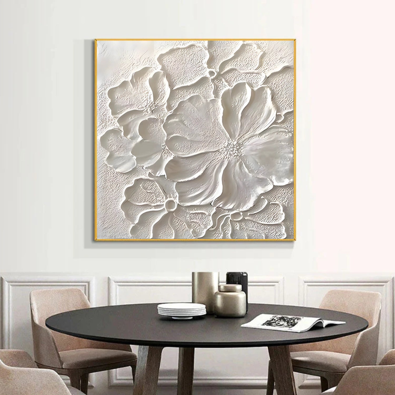 White Minimalist Flower And Tree Textured Wall Art #FT019
