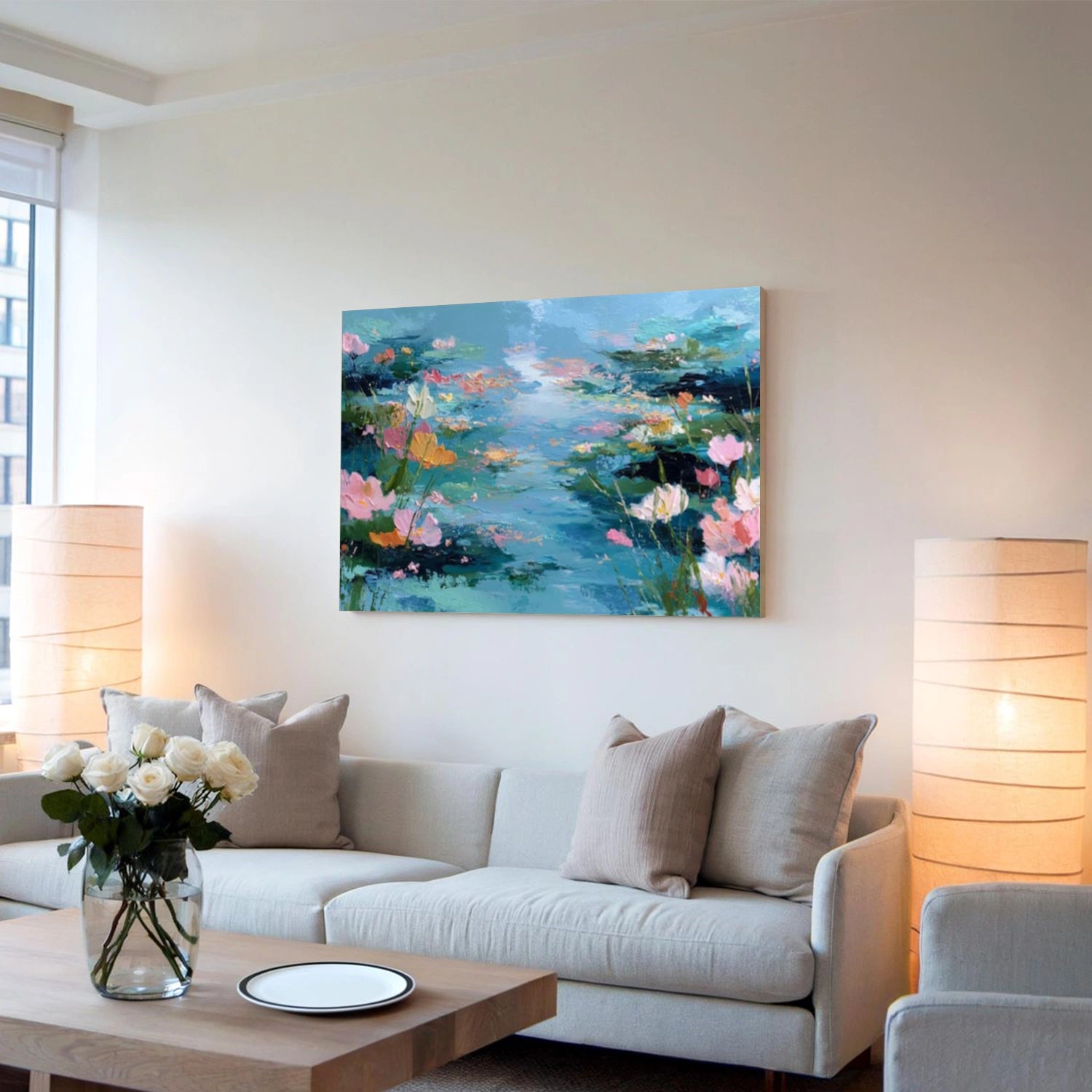 Blue and Pink Abstract Flower And Tree Textured Wall Art #FT007