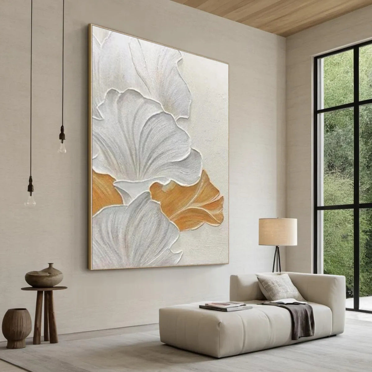 White Minimalist Flower And Tree Textured Wall Art #FT018