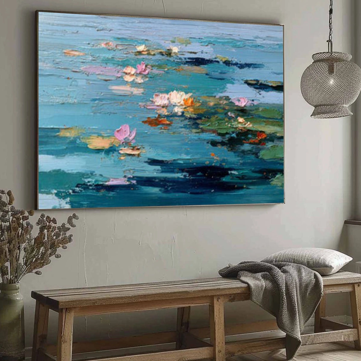 Blue and Pink Abstract Flower And Tree Textured Wall Art #FT008